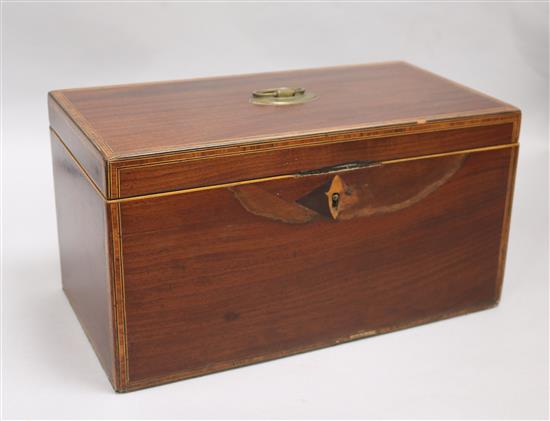 A late Georgian inlaid mahogany three division tea caddy width 13.5cm height 18cm